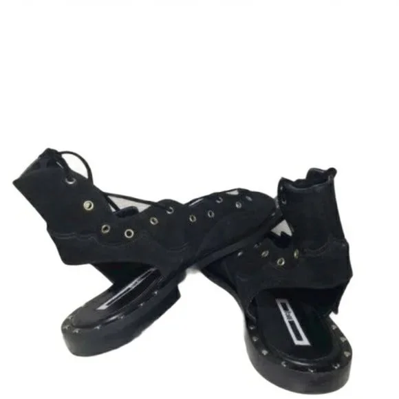 McQ Alexander McQueen Black Open Toe Lace Up Flats - Picture 4 of 12